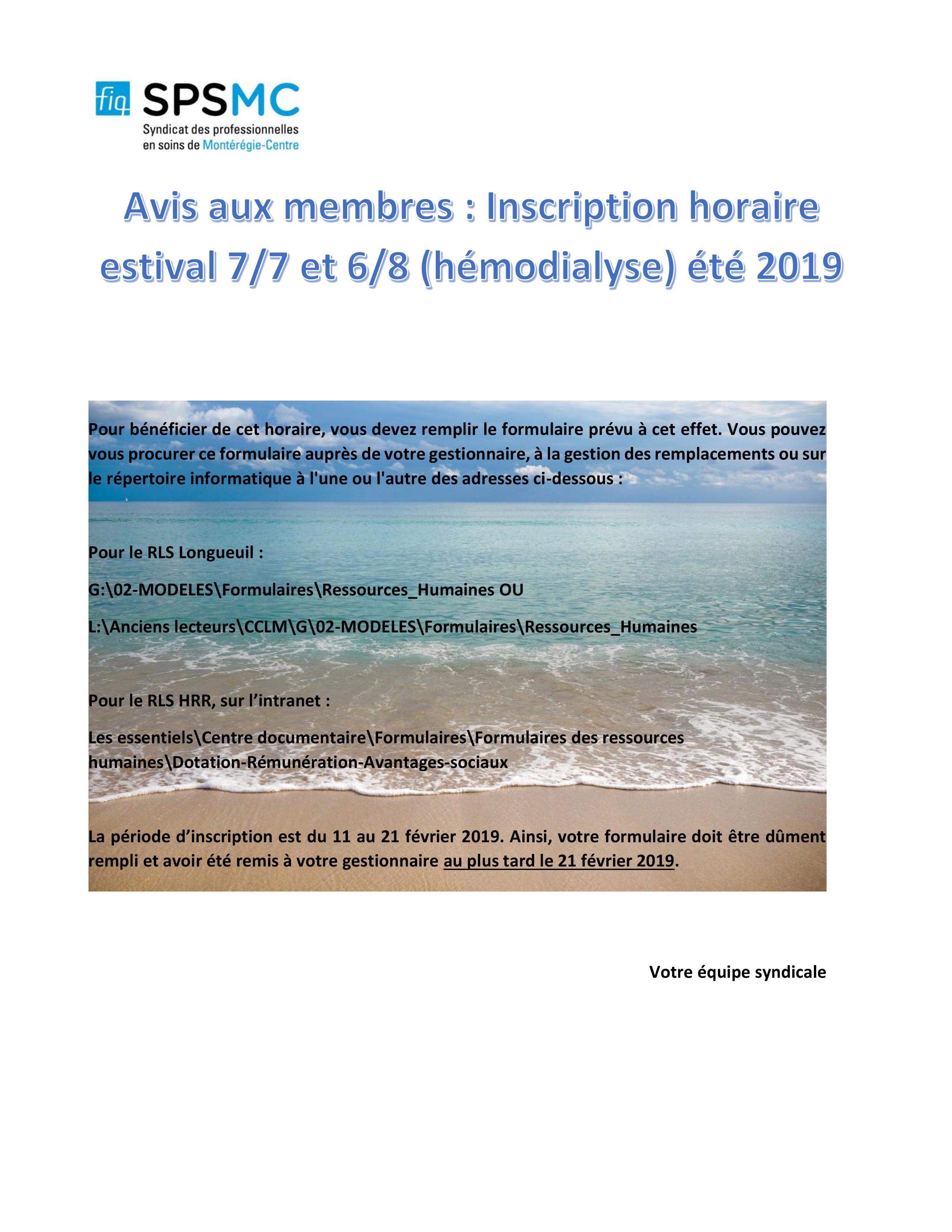 Horaire estival 7/7 et 6/8 (hémodialyse)